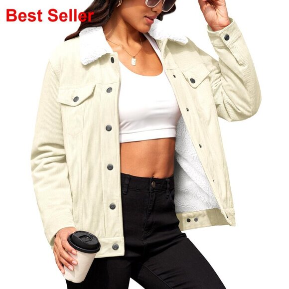 Jackets & Blazers - Women's Corduroy Sherpa Fleece Lined Jacket with Pockets Winter Coat